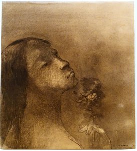 Flower of Evil (Woman Smelling a Flower, Woman Inhaling the Fragrance of Flowers) by Odilon Redon, c. 1890, charcoal - Scharf-Gerstenberg Collection - DSC03871