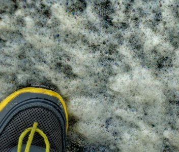 Foam from an Atlantic Ocean wave on shoreline with foot in frame