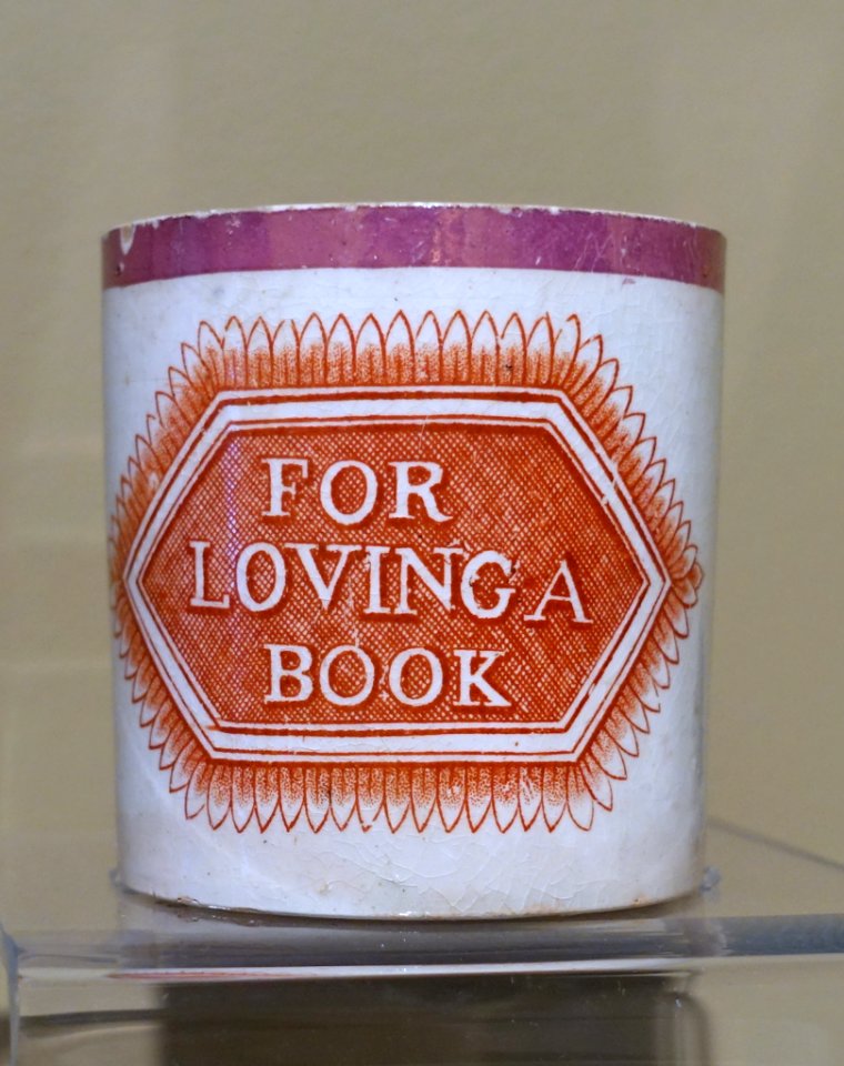 For Loving a Book, mug for a child, Staffordshire, England, 1830-1860, glazed earthenware - Concord Museum - Concord, MA - DSC05768