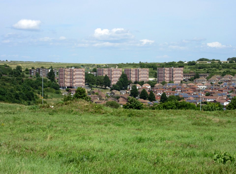 Flats at North end of Whitehawk Estate seen from Whitehawk Hill, Brighton (July 2015)
