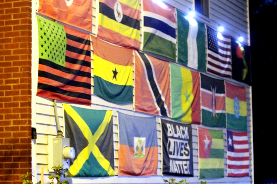 Flags on Delaware Street in Albany, New York