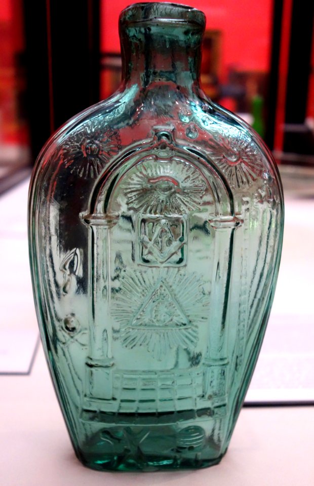 Flask with Masonic decoration, Keene-Marlboro-Street Glass Works, New Hampshire, c. 1800-1825, mold-blown turquoise glass - Albany Institute of History and Art - DSC08155