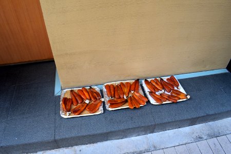 Fish liver or something, drying in the street outside restaurant in Azabujuban