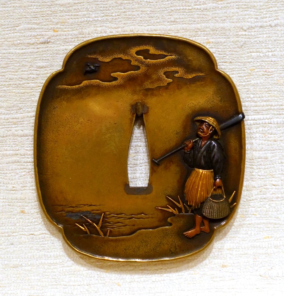 Fisherman Watching Cormorant, tsuba, Japan, Terutsugi, brass, shibuichi (copper and silver alloy), gold, shakudo (gold and copper alloy) - Peabody Essex Museum - DSC07434