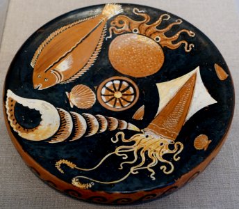 Fish plate, attributed to Darius Painter workshop, Greek-South Italian, Apulia, c. 340-320 BC, red-figure terracotta - Blanton Museum of Art - Austin, Texas - DSC07624