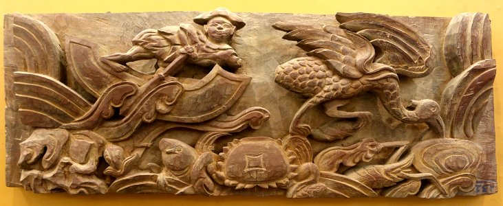 Fisher captures stork while rowing, wood - Vietnam National Museum of Fine Arts - Hanoi, Vietnam - DSC05011