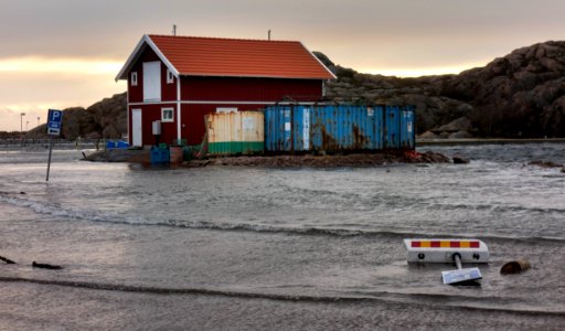 Flooded parking lot in Lysekil during Storm Ciara