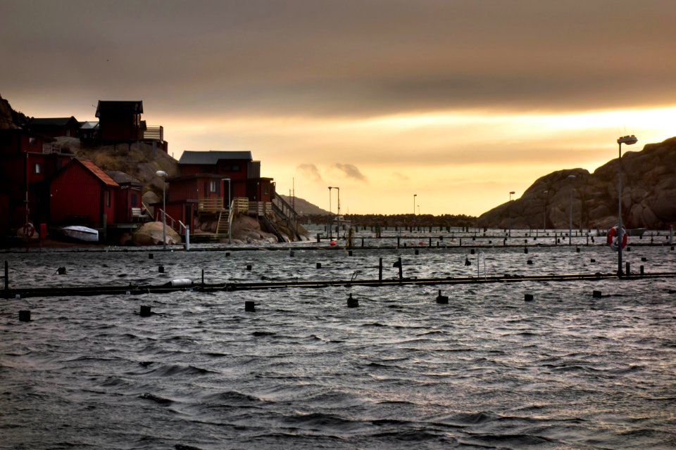 Flooded jetties in Valbodalen harbor during Storm Ciara 3