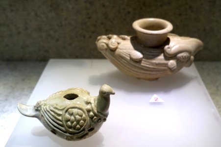 Flute in bird shape and ewer's mouth in parrot shape, Ly dynasty, 11th-13th century AD, white glazed ceramic - National Museum of Vietnamese History - Hanoi, Vietnam - DSC05420