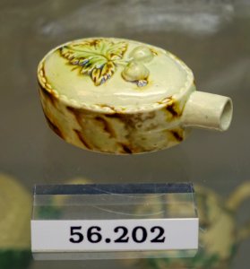 Flask, England, possibly Staffordshire, 1780-1800, creamware with sponged underglaze metallic oxides, HD 56.202 - Flynt Center of Early New England Life - Deerfield, Massachusetts - DSC04496