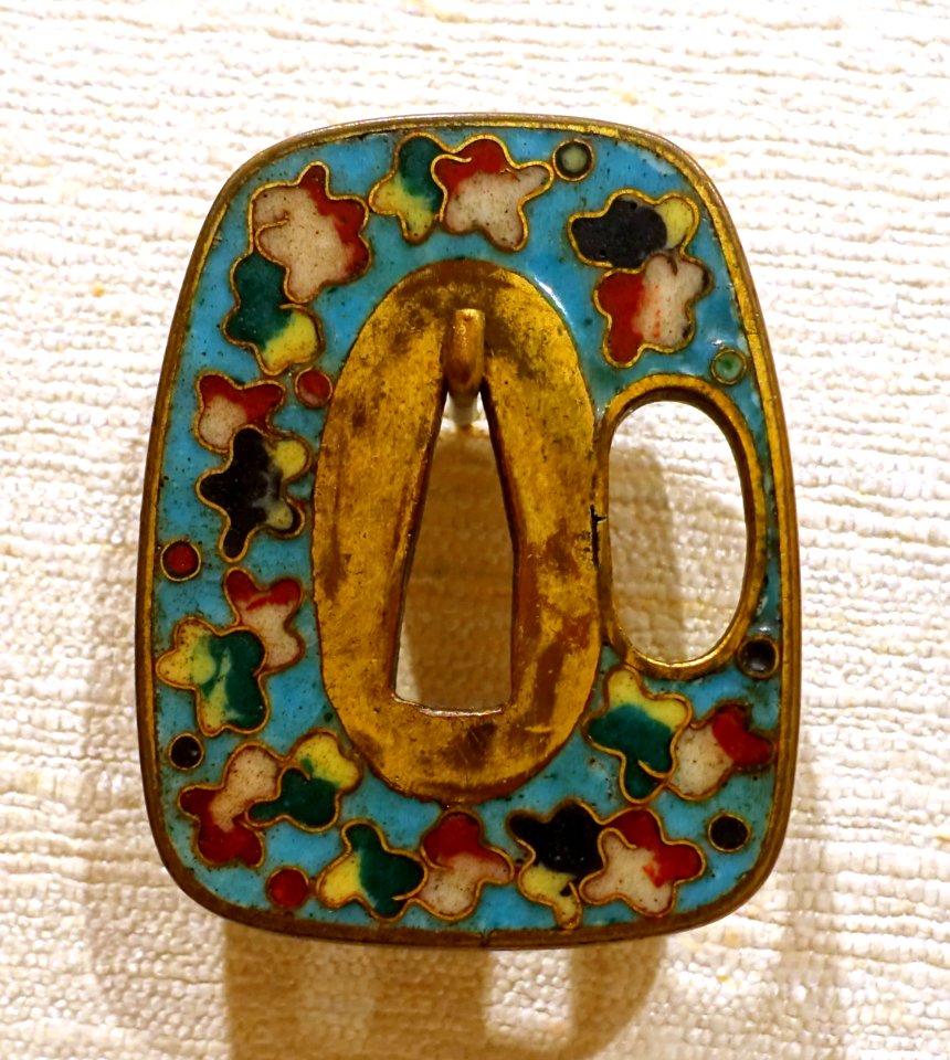 Flock of Plovers, tsuba, Japan, gold, cloisonne - Peabody Essex Museum - DSC07469