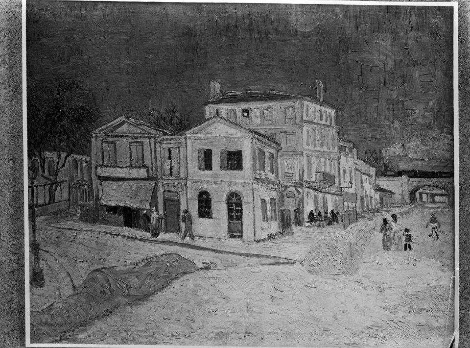 Foto van een reproductie van een schilderij van Van Gogh het gele huis in Arles, Bestanddeelnr 252-1827