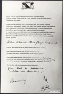 Foto van geboorte-acte prins Willem-Alexander. Foto is gelijk aan nr. 018-0259, Bestanddeelnr 018-0284