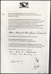 Foto van geboorte-acte prins Willem-Alexander. Foto is gelijk aan nr. 018-0284, Bestanddeelnr 018-0259