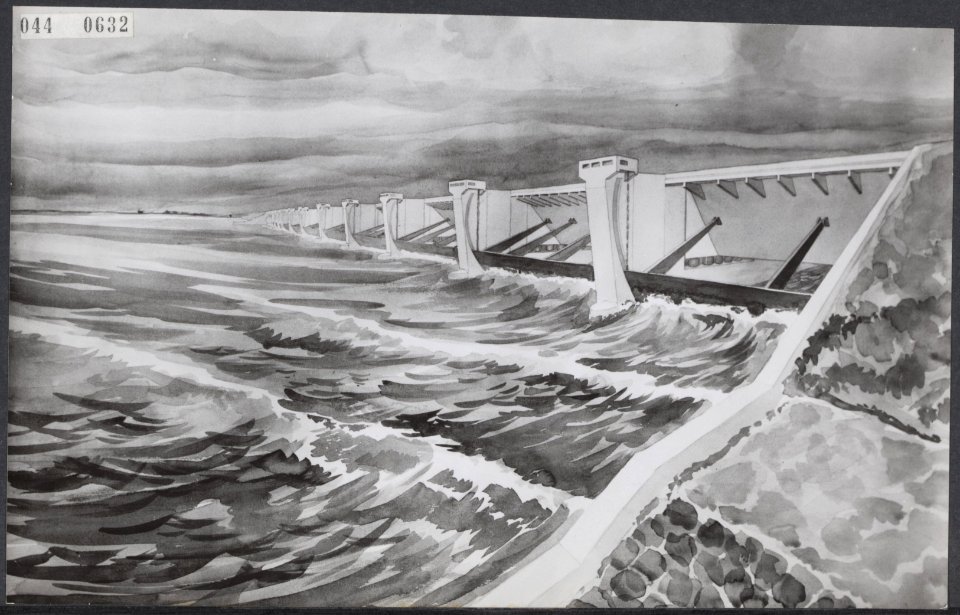 Foto van aquarel, waarop de uitwateringssluizen in voltooide staat zijn afgebeel, Bestanddeelnr 044-0632