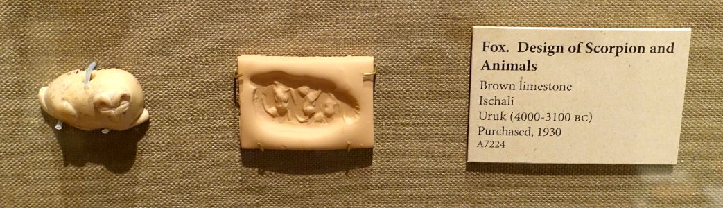 Fox stamp seal with Design of Scorpion and Animals, Ischali, Uruk, 4000-3100 BC, brown limestone - Oriental Institute Museum, University of Chicago - DSC07204-001