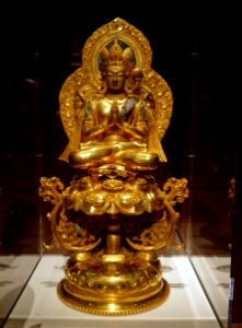 Four-armed bodhisattva Avalokiteshvara, China, Imperial Workshop, Beining, Qianlong period, 1748 AD, gold alloy, coral, sapphires, rubies, lapis lazuli, turquoise, pearls - Peabody Essex Museum - DSC08045
