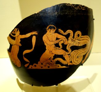 Fragmentary jar with scene of Herakles slaying the Hydra of Lerna, South Italy, 375-340 BC, ceramic - Fitchburg Art Museum - DSC08671
