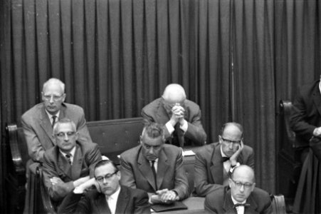 Fractieleiders tijdens de regeringsverklaring van Professor De Quay , leider der, Bestanddeelnr 910-3952