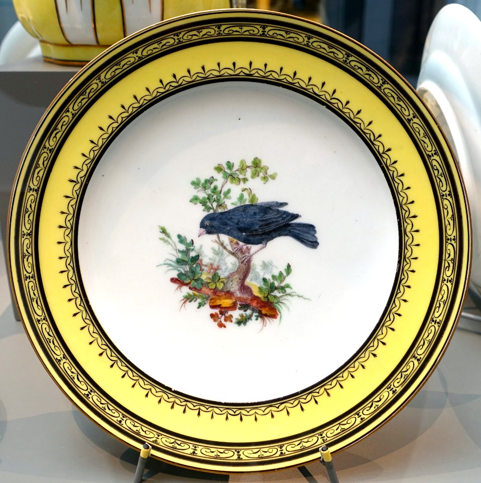 Four plates with birds, painters Edme-Francois Bouillat, Sophie Binet, Etienne Evans, Pierre-Joseph Rosset, 4 of 4, Sèvres porcelain, 1793, soft-paste porcelain - Wadsworth Atheneum - Hartford, CT - DSC05475