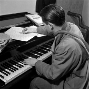 Fotoserie over winterkou. Man speelt piano, Bestanddeelnr 901-2401