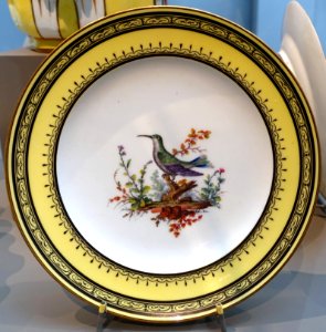 Four plates with birds, painters Edme-Francois Bouillat, Sophie Binet, Etienne Evans, Pierre-Joseph Rosset, 2 of 4, Sèvres porcelain, 1793, soft-paste porcelain - Wadsworth Atheneum - Hartford, CT - DSC05476