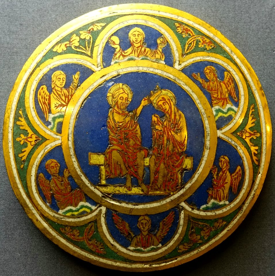 Four enamel medallions, 4. Coronation of the Virgin, Succession of Nichola of Verdun, Cologne, c. 1200, gilt copper with enamel - Museum Schnütgen - Cologne, Germany - DSC09971