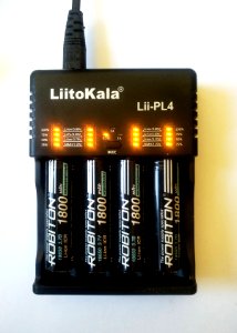 Four 18650 lithium cells in a Liitokala PL4 charger