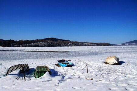 Frozen lake on dry land snow photo