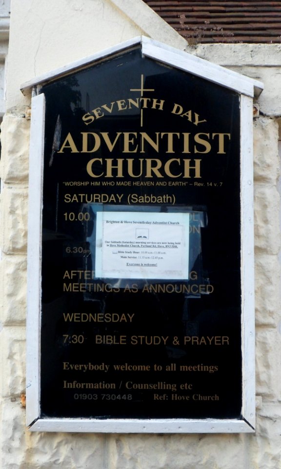Former Seventh Day Adventist Church, Hove Place, Hove (September 2013) (Signboard)