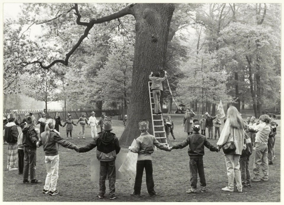 Festiviteiten in de Hout i.v.m. 400 jaar Haarlemmerhout. Leerlingen van de Dreefschool rondom de oudste boom in de Hout, de 400-jarige Eik in de Hertenkamp. NL-HlmNHA 54016530