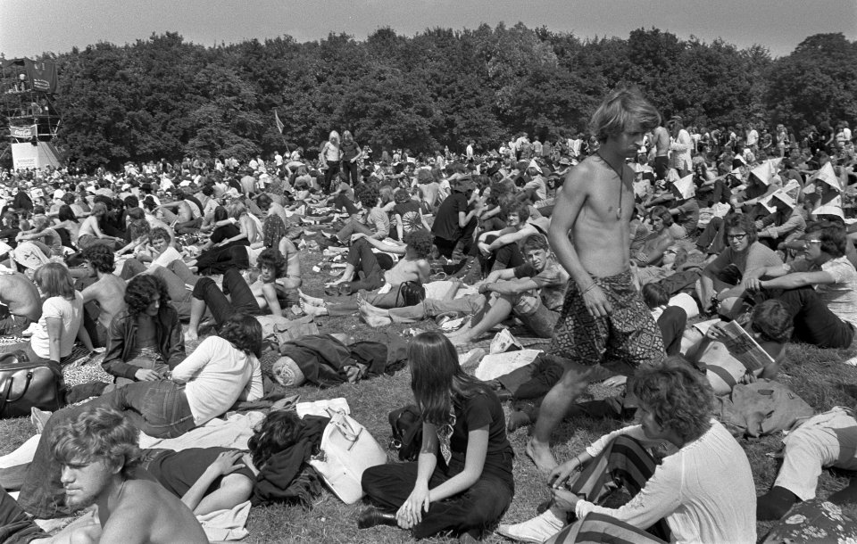 Festivalpubliek op zonovergoten speelweide in Kralingse Bos,, Bestanddeelnr 923-6277