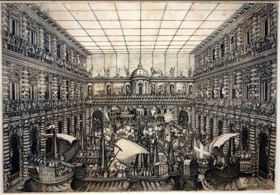 Festivals for the Marriage of Grand Duke Ferdinand I of Tuscany and Christina of Lorraine - Naumachia in the Palazzo Pitti, by Orazio Scarabelli, 1589, etching - National Museum of Western Art, Tokyo - DSC08308