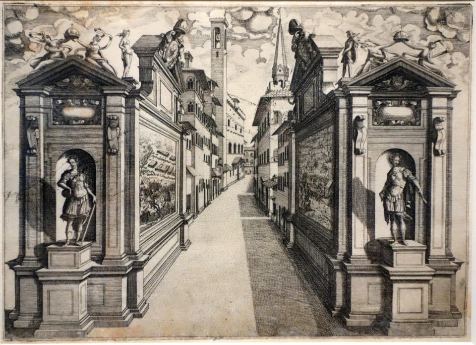 Festivals for the Marriage of Grand Duke Ferdinand I of Tuscany and Christina of Lorraine - 5th Arch, Canto di Bischeri, by Orazio Scarabelli, 1589, etching - National Museum of Western Art, Tokyo - DSC08293