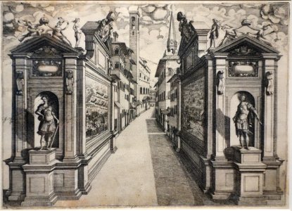 Festivals for the Marriage of Grand Duke Ferdinand I of Tuscany and Christina of Lorraine - 5th Arch, Canto di Bischeri, by Orazio Scarabelli, 1589, etching - National Museum of Western Art, Tokyo - DSC08293