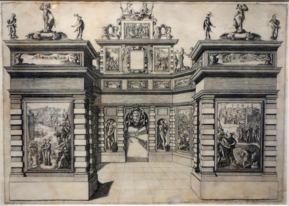 Festivals for the Marriage of Grand Duke Ferdinand I of Tuscany and Christina of Lorraine - 7th Arch, Facade of Palazzo Vecchio, by Orazio Scarabelli, 1589, etching - National Museum of Western Art, Tokyo - DSC08296