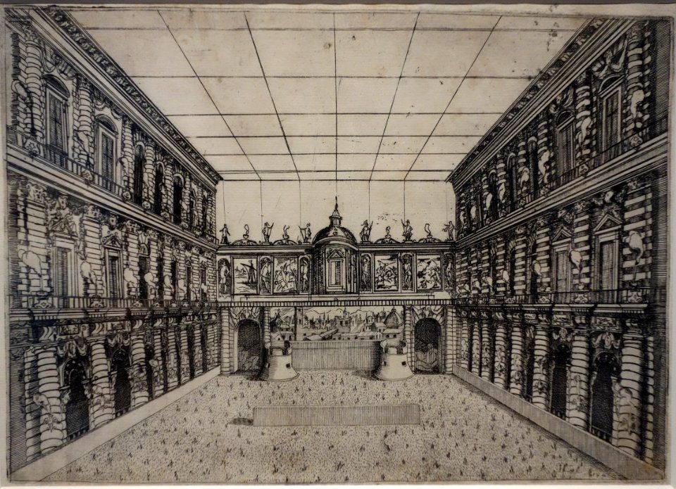 Festivals for the Marriage of Grand Duke Ferdinand I of Tuscany and Christina of Lorraine - Pitti Palace Equipped for Foot Combat, Orazio Scarabelli, 1589, etching - National Museum of Western Art, Tokyo - DSC08305