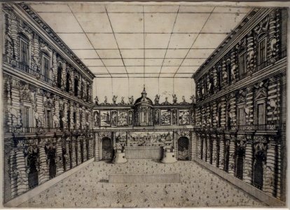 Festivals for the Marriage of Grand Duke Ferdinand I of Tuscany and Christina of Lorraine - Pitti Palace Equipped for Foot Combat, Orazio Scarabelli, 1589, etching - National Museum of Western Art, Tokyo - DSC08305