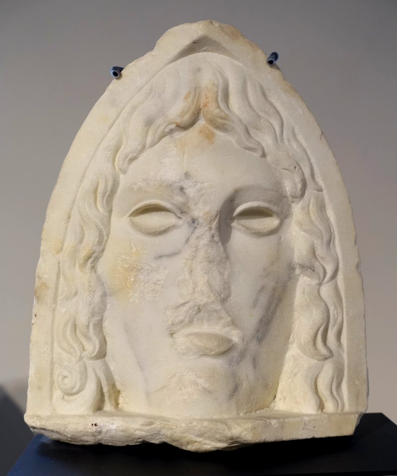 Female mask, architectural decoration, 4 of 4, Athribis, Tell Atrib at Benha, Egypt, 100-150 AD, marble - Hessisches Landesmuseum Darmstadt - Darmstadt, Germany - DSC00006
