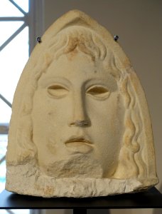 Female mask, architectural decoration, 3 of 4, Athribis, Tell Atrib at Benha, Egypt, 100-150 AD, marble - Hessisches Landesmuseum Darmstadt - Darmstadt, Germany - DSC00004