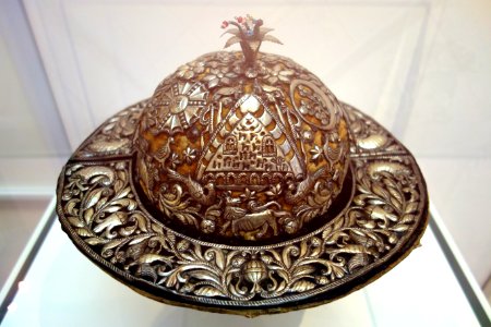 Festival Hat, part of a Curaca Costume, Potosi, Bolivia, 18th century, repousse silver plaques on velvet, glass beads, wire - Brooklyn Museum - Brooklyn, NY - DSC08245