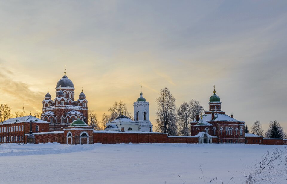 Winter sunset village