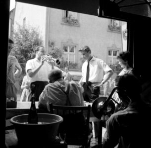 Feestgangers en muzikanten bij de ingang van een wijnbedrijf, Bestanddeelnr 254-3902