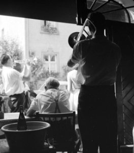 Feestgangers en muzikanten bij de ingang van een wijnbedrijf, Bestanddeelnr 254-3903