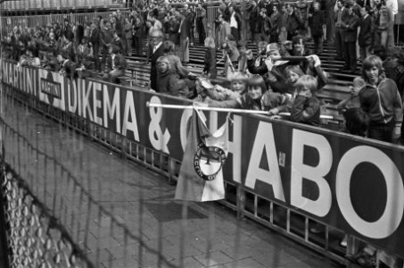 Feyenoord tegen FC Twente 1-2, supporter met Feyenoordvlag halfstok, Bestanddeelnr 929-1788