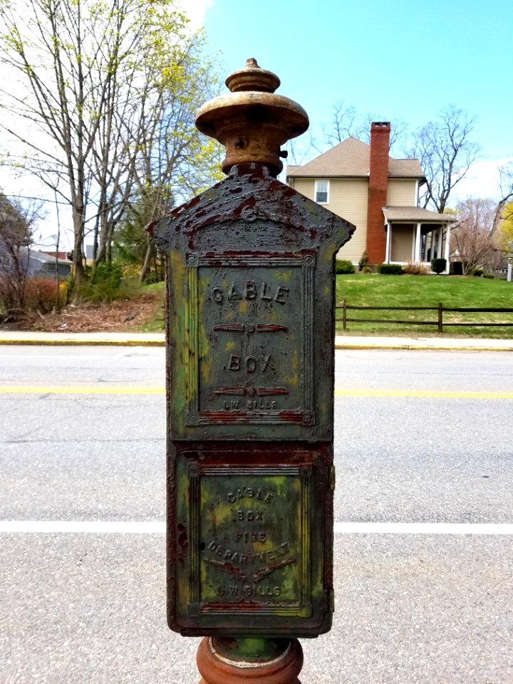 Fire alarm call box, cable box, LW Bills - Lexington, MA - 20200425 115420