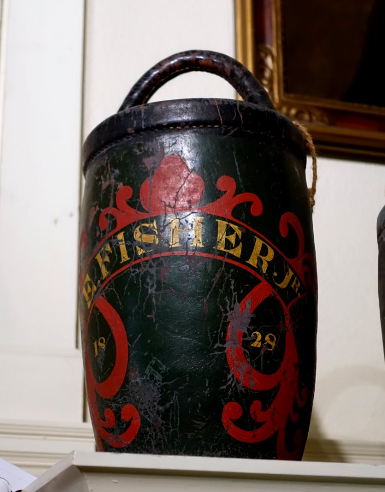Fire bucket, leather - Dedham Historical Society - Dedham Massachusetts - DSC04239