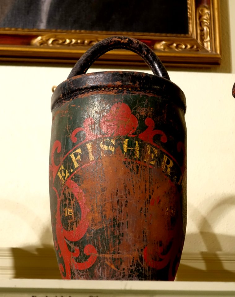 Fire bucket, leather - Dedham Historical Society - Dedham Massachusetts - DSC04237