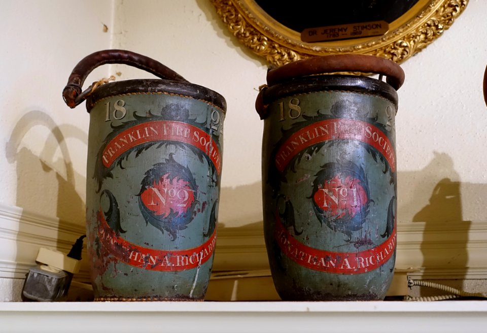 Fire buckets, leather - Dedham Historical Society - Dedham Massachusetts - DSC04209