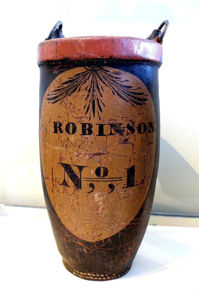 Fire bucket no. 1, made for Robinson family by unknown maker, probably Bennington VT, 1790-1820, painted leather and iron - Bennington Museum - Bennington, VT - DSC08876